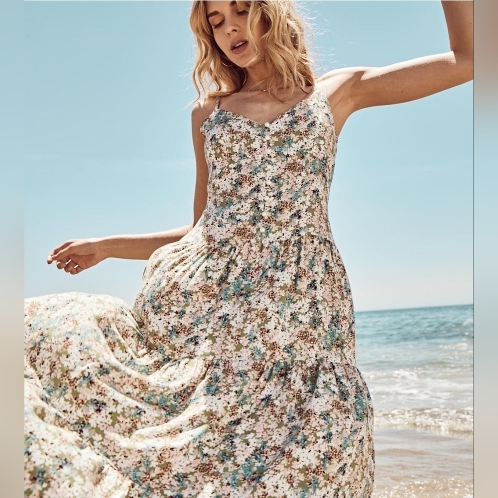 Ditsy Floral Faux Pearl Button Front Tiered Midi Dress Adjustable Straps L